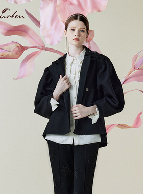 轻奢风翻领短外套女通勤显瘦质感毛呢外套黑色CFE1B109-1011A