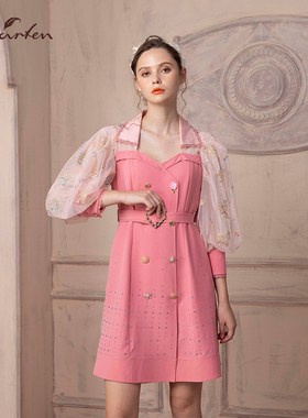 CHARFEN朝峰夏季气质修身收腰拼接a字网纱连衣裙女CFD1E180-1103G