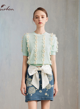 浪漫度假风刺绣花边针织衫女短袖蝴蝶结薄荷绿上衣CFE2J122-1308C