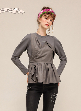 不对称设计感长袖T恤女灰色系带收腰修身小众上衣CFD5F226-2035B