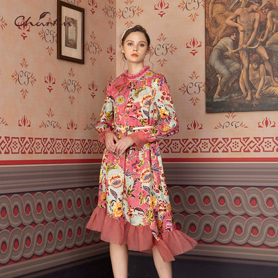 CHARFEN朝峰春复古轻奢气质中长款连衣裙女CFD1A026-0053G