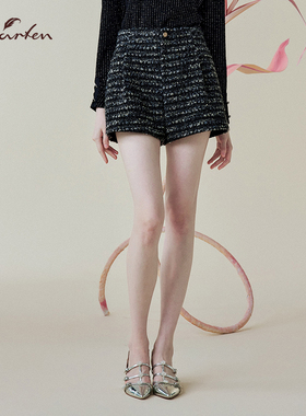 小香风通勤粗花呢短裤女黑色高腰休闲裤A字版型CFE1B015-0079D