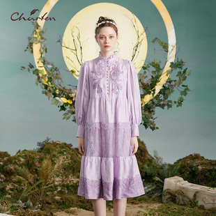 CHARFEN朝峰轻奢原创设计显瘦刺绣中长款 3023G 连衣裙女CFD3B313