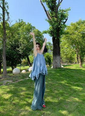 LYHOOC李鱼鱼蓝色吊带背心女荷叶边好看上衣女古力娜扎同款夏季