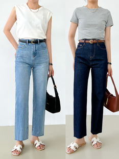 弹力毛边直筒裤 高腰显瘦法棍裤 九分 女夏薄款 冷醋酸天丝直筒牛仔裤