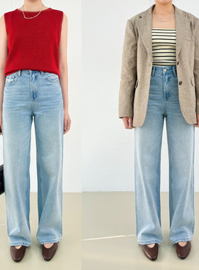 蓝色之境/中高腰宽松直筒牛仔裤女2025春夏水洗蓝窄版阔腿裤长裤