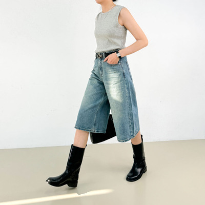 【纸片人】松弛感复古7分阔腿牛仔裤女小个子松弛感七分阔腿中裤