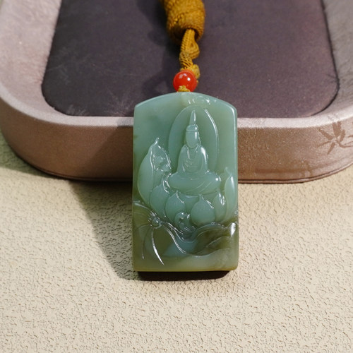 和田玉俄罗斯细腻油润近无结构粉青碧玉带糖双色悟道吊坠挂件Q