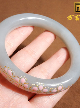 震惊方言和田玉青海料冰肉底烟紫景泰蓝工艺桃花粉描金57mm手镯A2