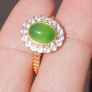 方言巨漏俄罗斯高品质阳绿碧玉无黑点银镶玉满钻可调节轻奢戒指A6