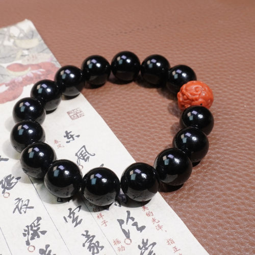和田玉新疆塔青黑青玉卡14mm圆珠配南红貔貅配珠墨黑细料手链P