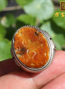 新疆黄沁和田籽料银镶玉原石戒指