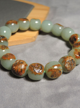 惊呆了方言精品和田玉新疆黄沁皮蓝调沙枣青籽料12mm老型珠手链h0