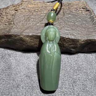 收藏级方言和田玉老坑俄料碧玉粉青高冰大师工素衣观音18K金绳S