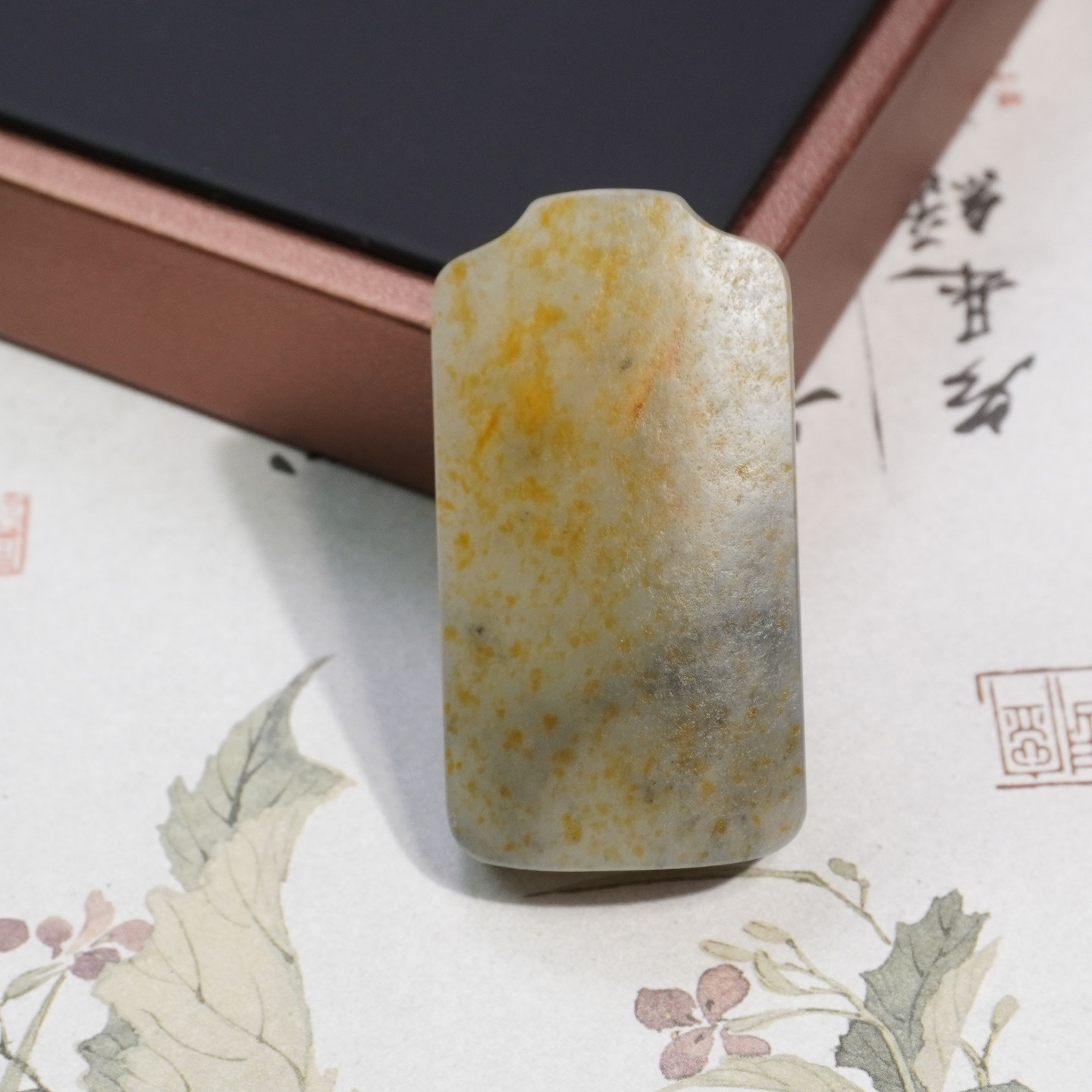 新疆和田玉金皮青花籽料平安无事牌吊坠留原皮水墨意境油润挂件Z