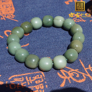 大清仓方言和田玉新疆沙枣青籽料一细料带猫眼卡12mm老型珠手串A6
