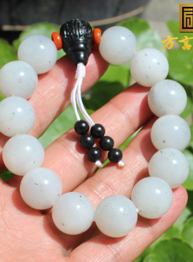 年度回馈方言和田玉特色新疆细润点墨青花籽料16mm圆珠手串手链A1