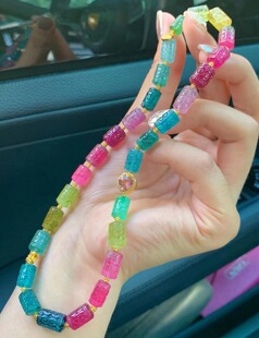 天然碧玺女士手链桶珠回纹珠手链项链彩虹纯净体色标马卡龙老矿料