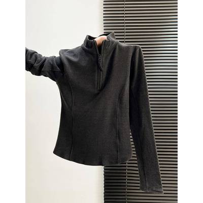 双面德绒立领半拉炼灰色长袖t恤女秋冬季高领加绒打底衫内搭上衣