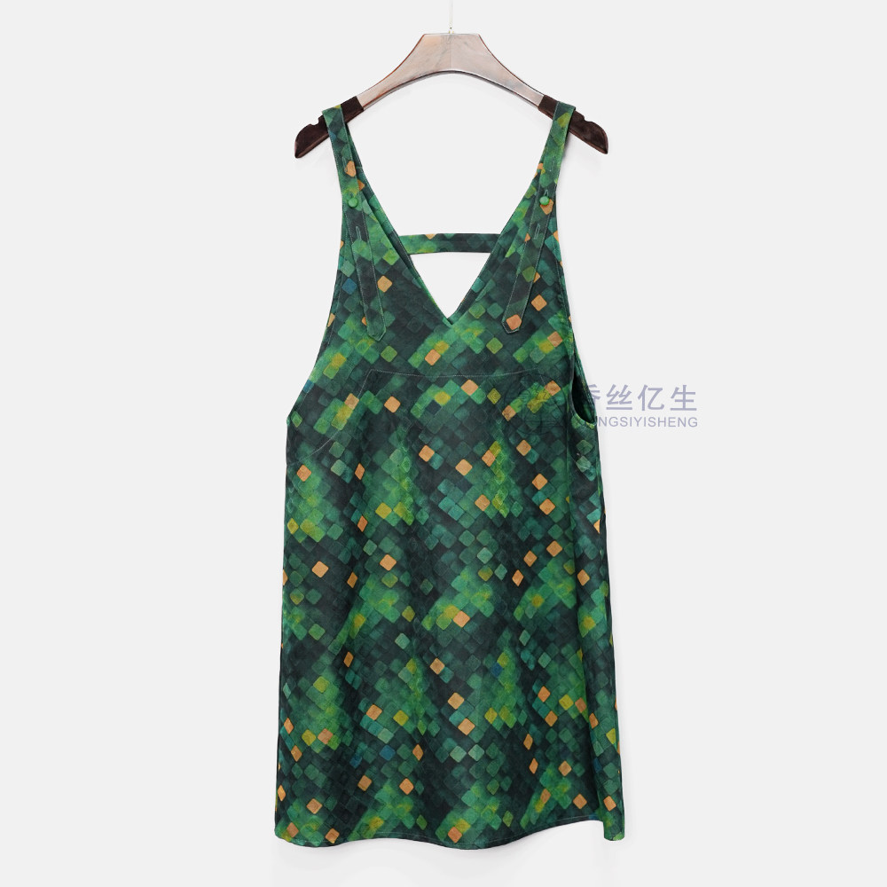 绿精灵红云纱绞萝女装吊带裙子绿色格子夏季气质花色背带裙X3193