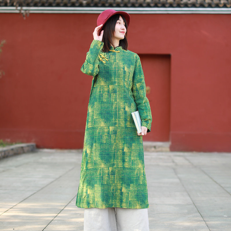 民族风中式立领宽松棉麻连衣裙女气质高腰显瘦中长款改良旗袍长裙