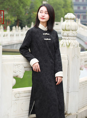 黑色加绒袍子中国风盘扣连x衣裙禅意气质复古保暖改良茶服旗袍