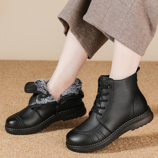 不累脚防滑妈妈鞋棉鞋加绒保暖舒适软底中老年老人短靴皮鞋冬季