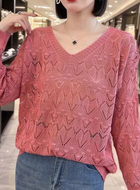 300斤加大码韩版春季女针织防晒衫休闲时尚镂空新款外穿紫色上衣