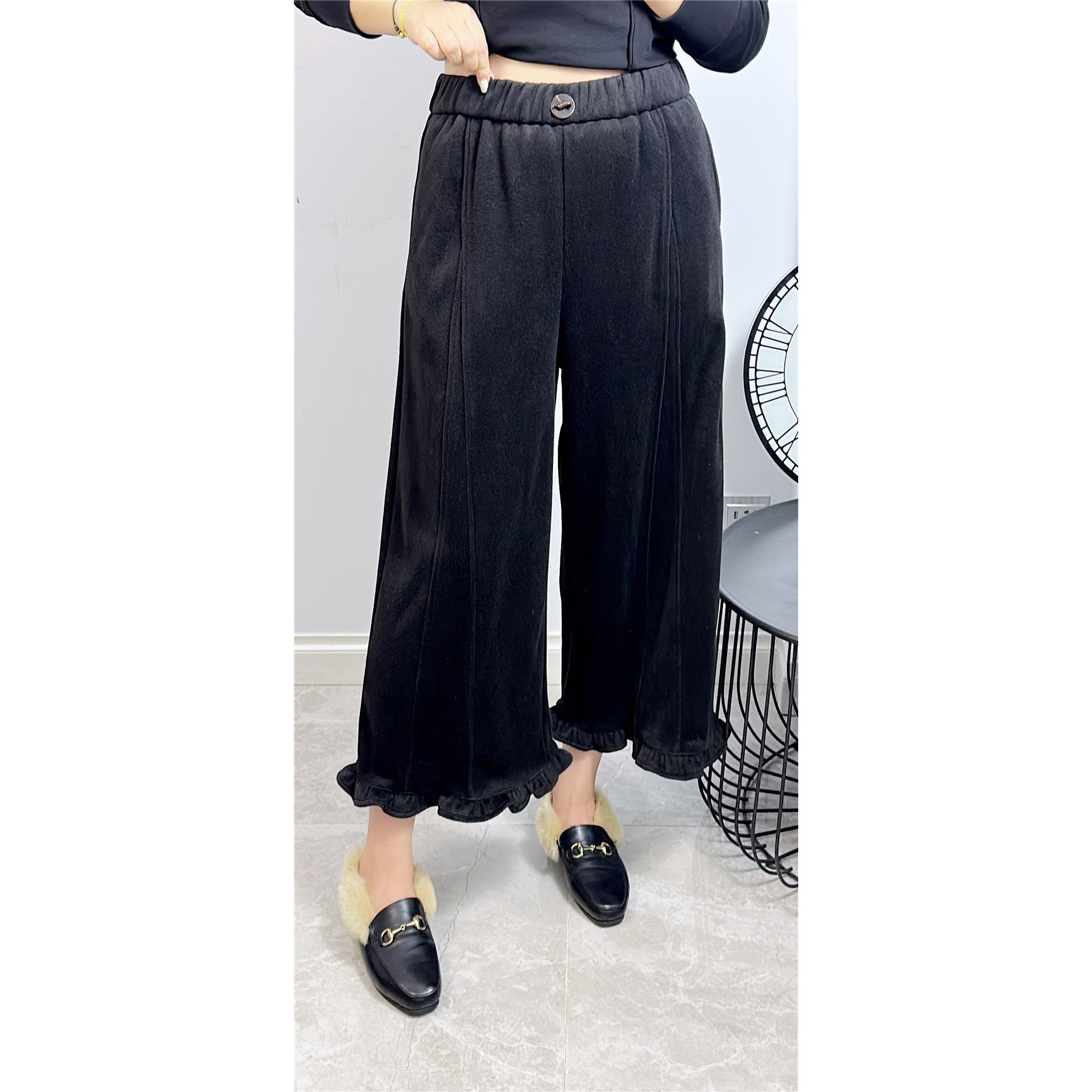 2105珂颖2025冬新款大码女装宽松显瘦裤子遮肉阔腿裤时尚花边九分