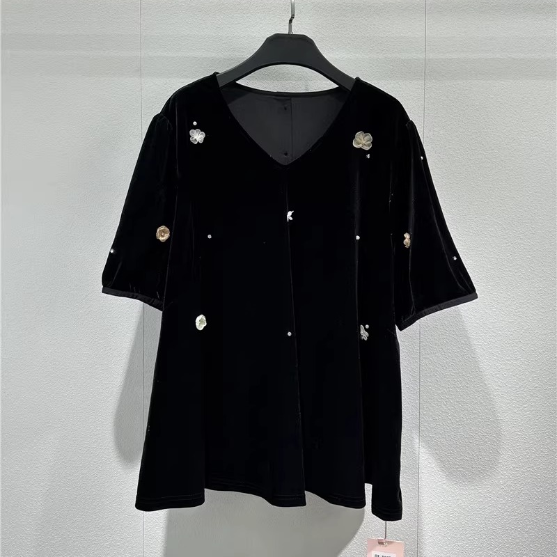 1519芮娜依莲2026春新款大码女装显瘦上衣时尚丝绒打底小衫短袖