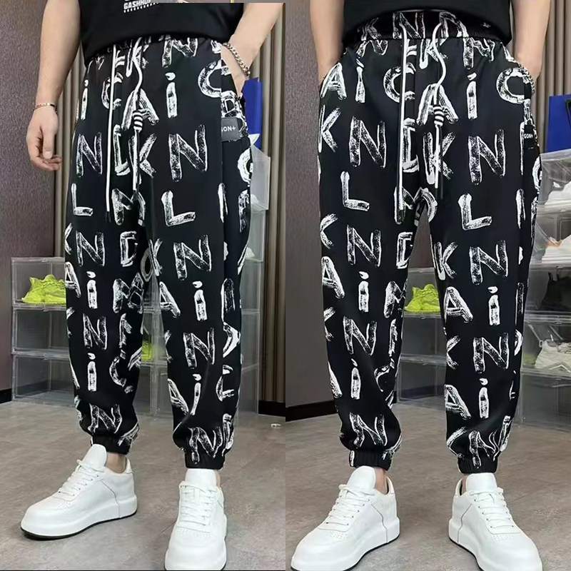 设计感裤子男冰丝休闲裤宽松哈伦裤潮牌夏季薄款大字母印花九分裤