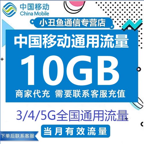 中国移动流量手机充值10GB流量包3G/4G/5G网络国内通用当月有效期