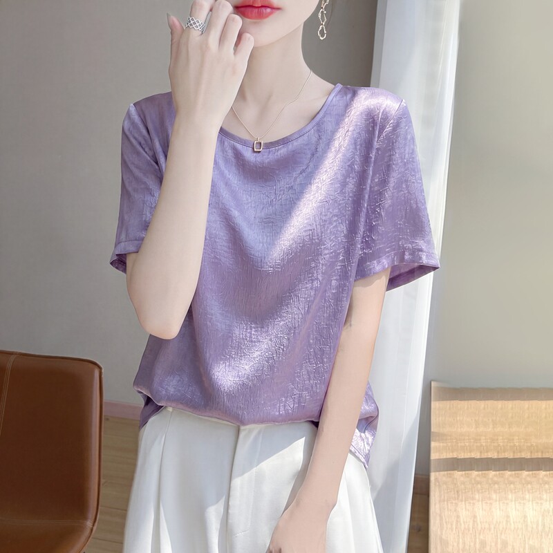 欧洲站26新款香云纱真丝短袖女夏名媛桑蚕丝显瘦醋酸缎面圆领T恤