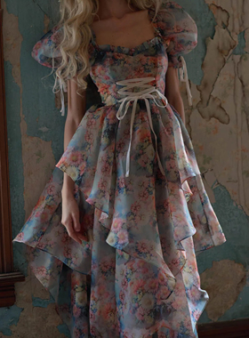 PROLONGER 春夏新款泡泡袖绑带层层荷叶边复古印花连衣裙优雅礼服