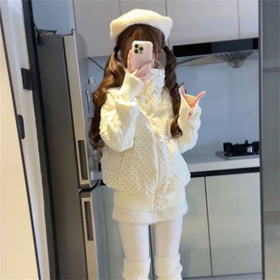 甜美小个子波点印花针织拼接立领棉服女学生冬季保暖短款超仙外套