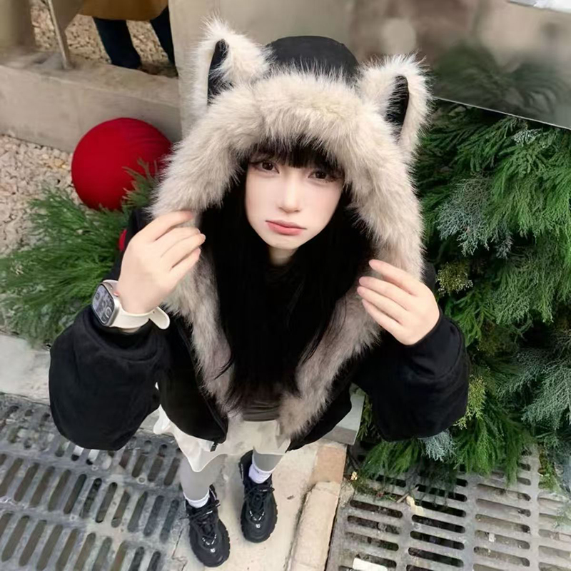 时尚复古毛领座山雕猫耳朵棉衣冬季外套新款保暖2025加厚棉服学生