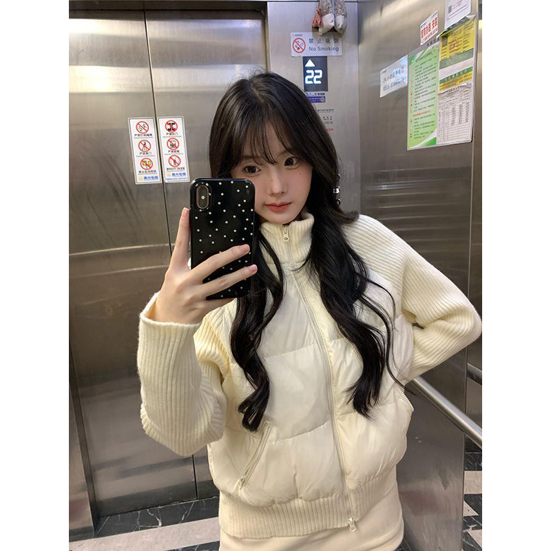 法式甜美白色短款加厚棉袄外套秋冬季气质立领针织拼接棉服外套女