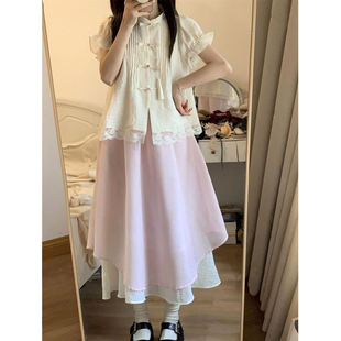 新中式 国风清冷少女盘扣花边上衣搭配高腰粉色半身裙夏季 两件套装