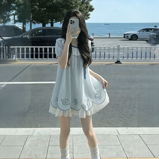 法式 娃娃领A字裙子 甜美温柔风荷叶边蓝色连衣裙女宽松遮肉泡泡袖