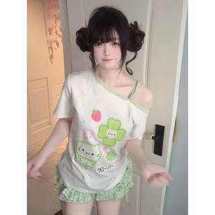 夏季 裙两件套 甜美可爱斜肩设计四叶草印花短袖 上衣女搭配花边短裤