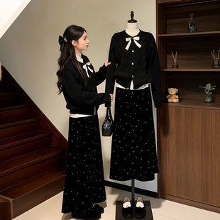 优雅气质淑女风杏色波点打底衫+针织黑色毛衣+高腰半身裙三件套装