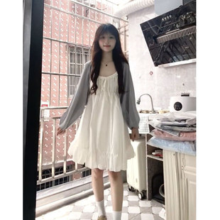 两件套 法式 温柔少女风穿搭白色吊带连衣裙女搭配防晒开衫 夏季 新款