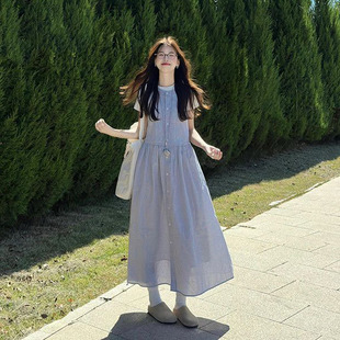 两件套 韩系文艺少女风穿搭超仙排扣背心连衣裙女叠穿白色T恤夏季
