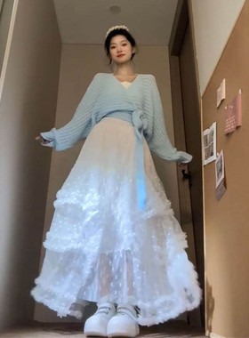 法式温柔风气质蓝色蝴蝶结针织毛衣开衫+吊带上衣+蕾丝拼接半身裙