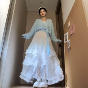 蕾丝拼接半身裙 吊带上衣 法式 温柔风气质蓝色蝴蝶结针织毛衣开衫