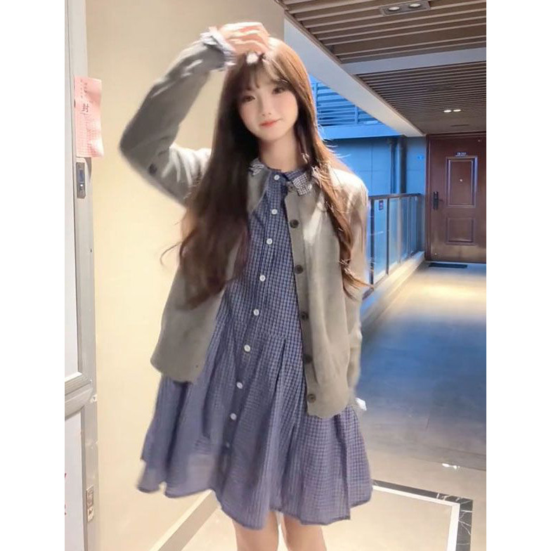 早秋穿搭韩系学院风灰色针织开衫毛衣女学生格纹Polo领衬衫连衣裙,女装/女士精品,时尚套装,淘宝优惠券,粉丝福利购,淘宝优惠卷