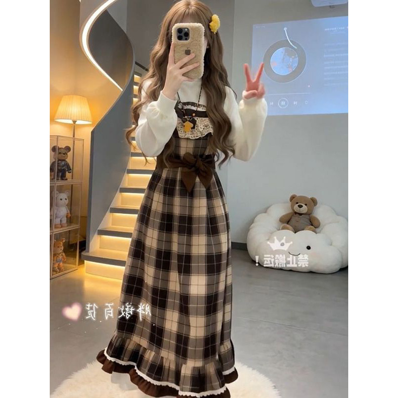 小众独特ins格纹蝴蝶结背带连衣裙女春秋白色打底衫上衣两件/套装,女装/女士精品,时尚套装,淘宝优惠券,粉丝福利购,淘宝优惠卷