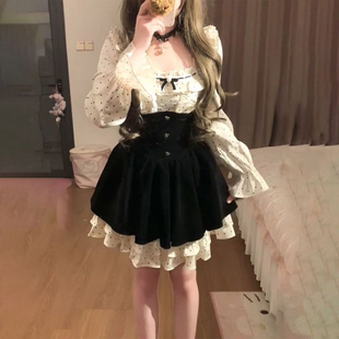 韩版复古可爱波点假两件连衣裙收腰时尚百搭显瘦生日出片约会裙子