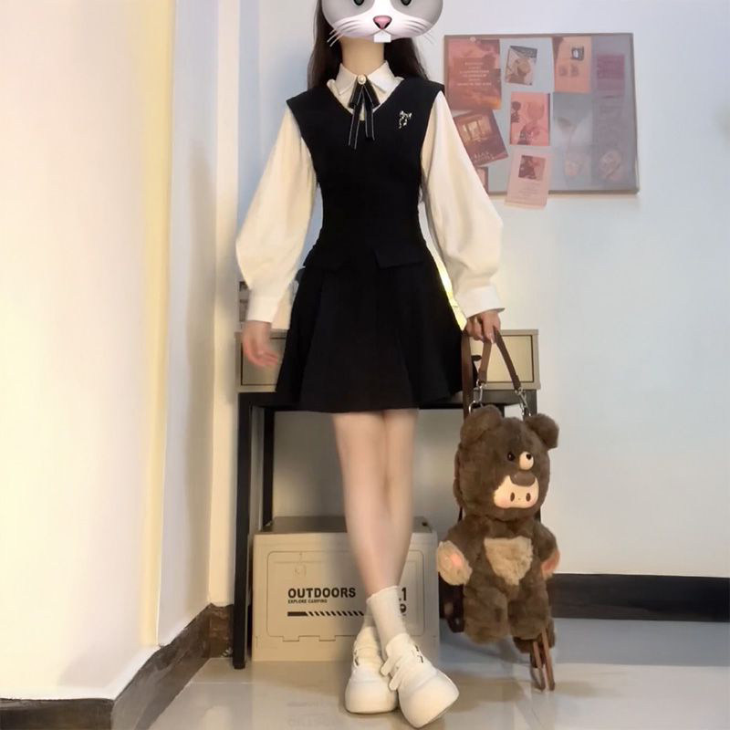 清新少女风掐腰黑色背心连衣裙女内搭翻领打底长袖衬衫上衣两件套,女装/女士精品,时尚套装,淘宝优惠券,粉丝福利购,淘宝优惠卷