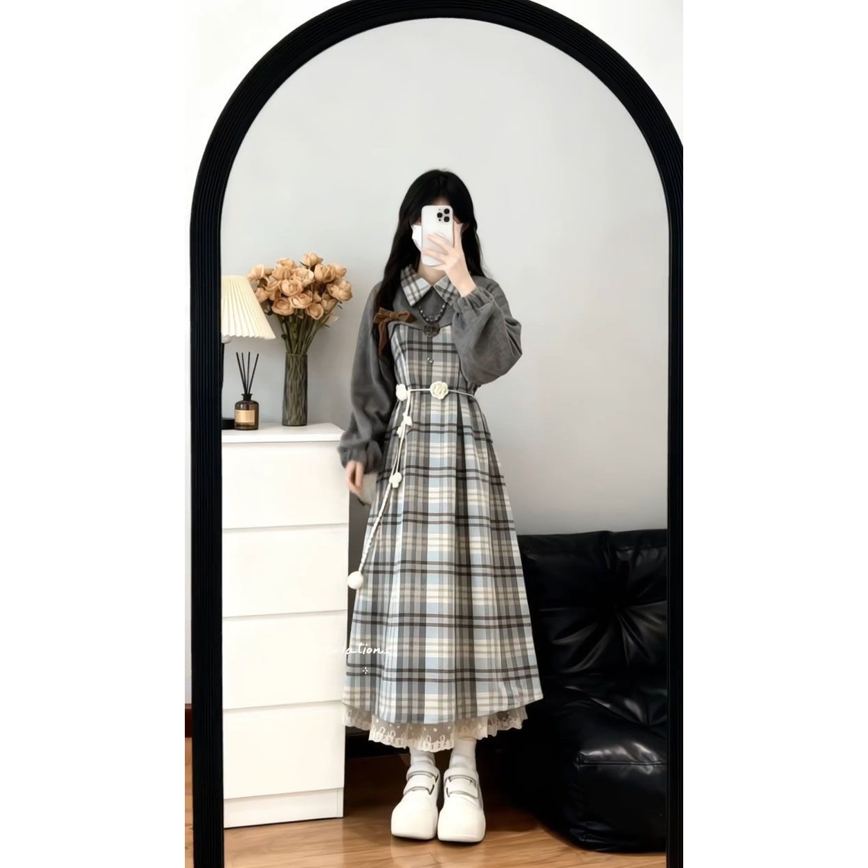 森系ins温柔穿搭POLO领毛呢格纹背心连衣裙+搭配灰色短款外套套装